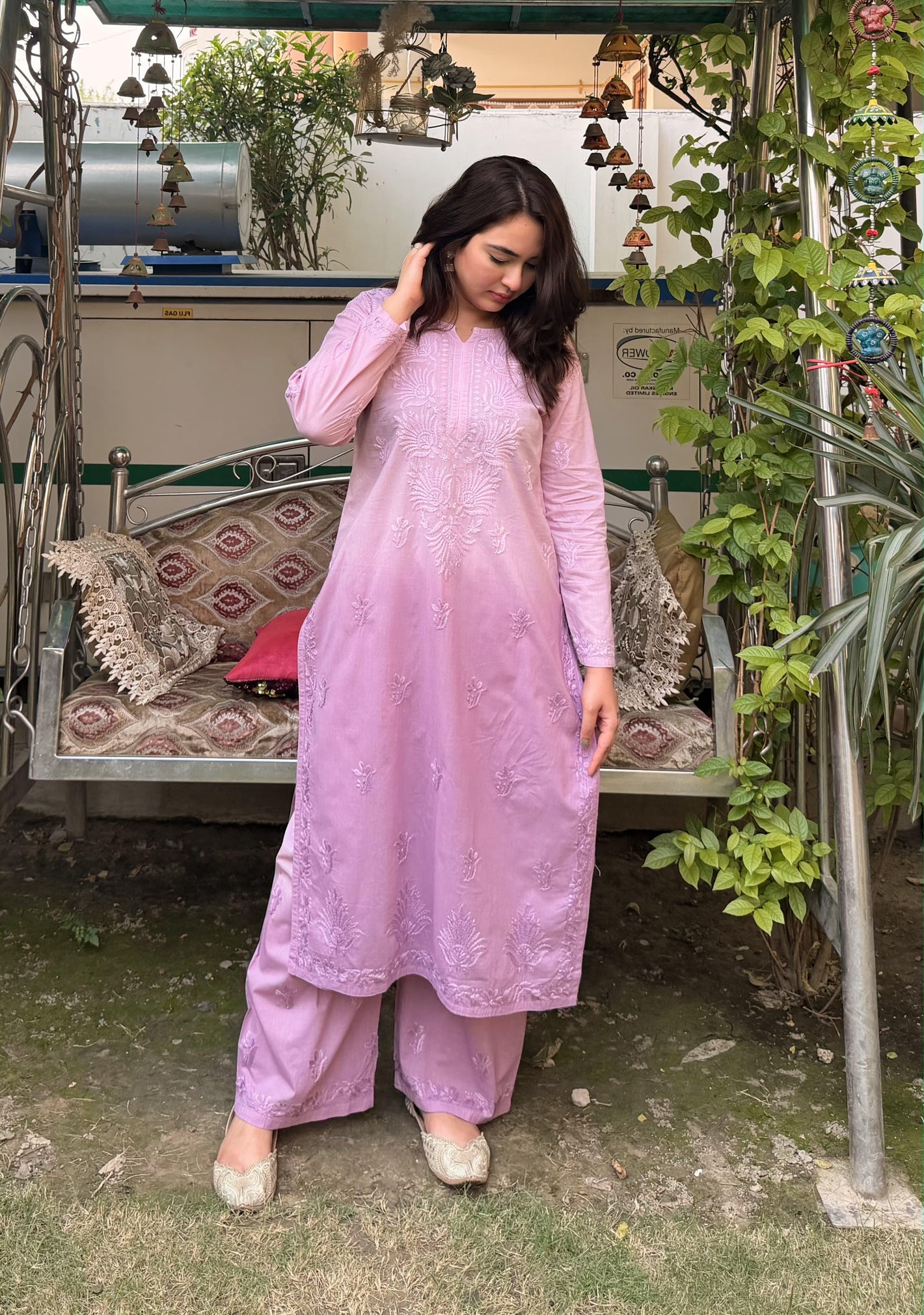 Jia Mulmul Cotton ombre Chikankari Kurta set- Lilac