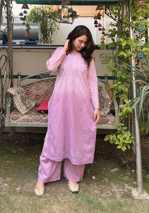 Jia Mulmul Cotton ombre Chikankari Kurta set- Lilac