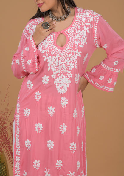 Modal 3D Chikankari Long Kurta- Pink