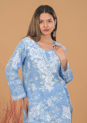 Mulmul Cotton Print Short Kurta- Blue