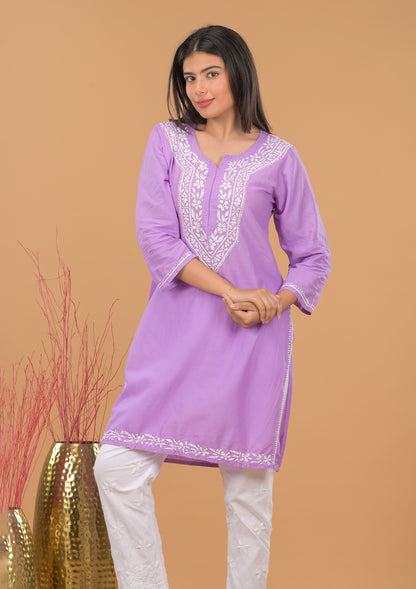 Cotton Chikankari Short Kurta-Purple