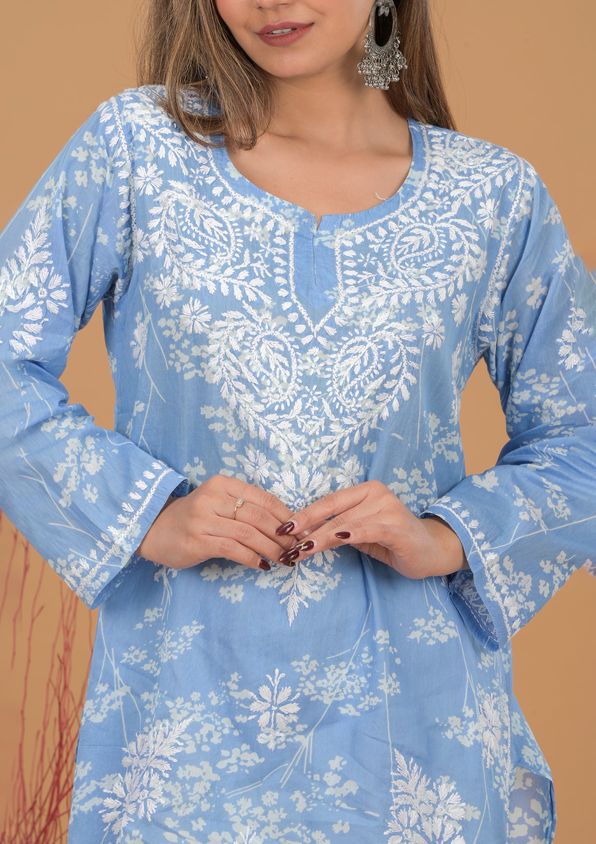 Mulmul Cotton Print Short Kurta- Blue
