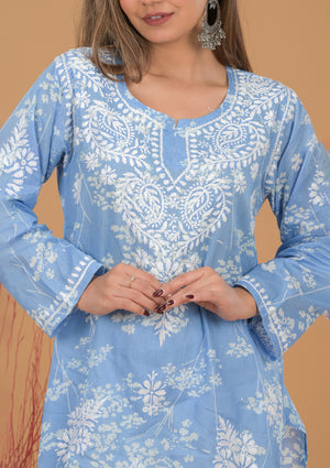Mulmul Cotton Print Short Kurta- Blue