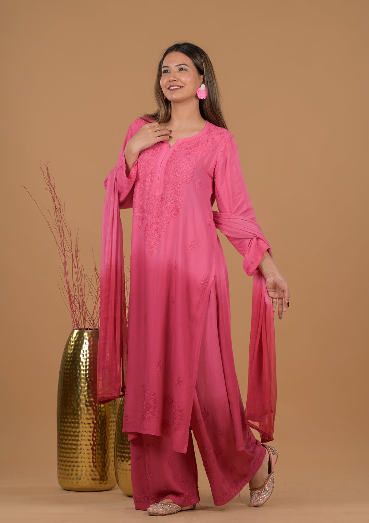 Rayon Chikankari Women's 3 PC Long Kurta Set - Pink