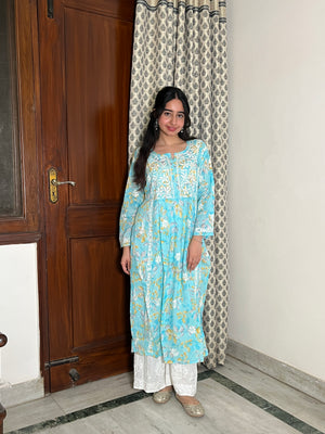 Vaishali Mulmul Chikankari Kurta- Blue