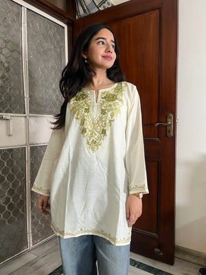 Trisha Kashmiri Short Cotton kurti- White