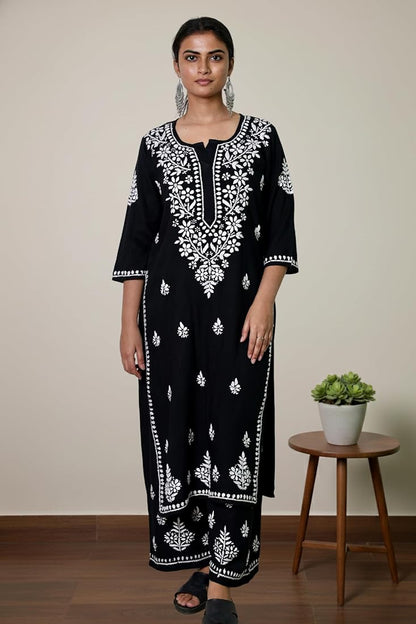 Gia Rayon Chikankari Kurta set- Black
