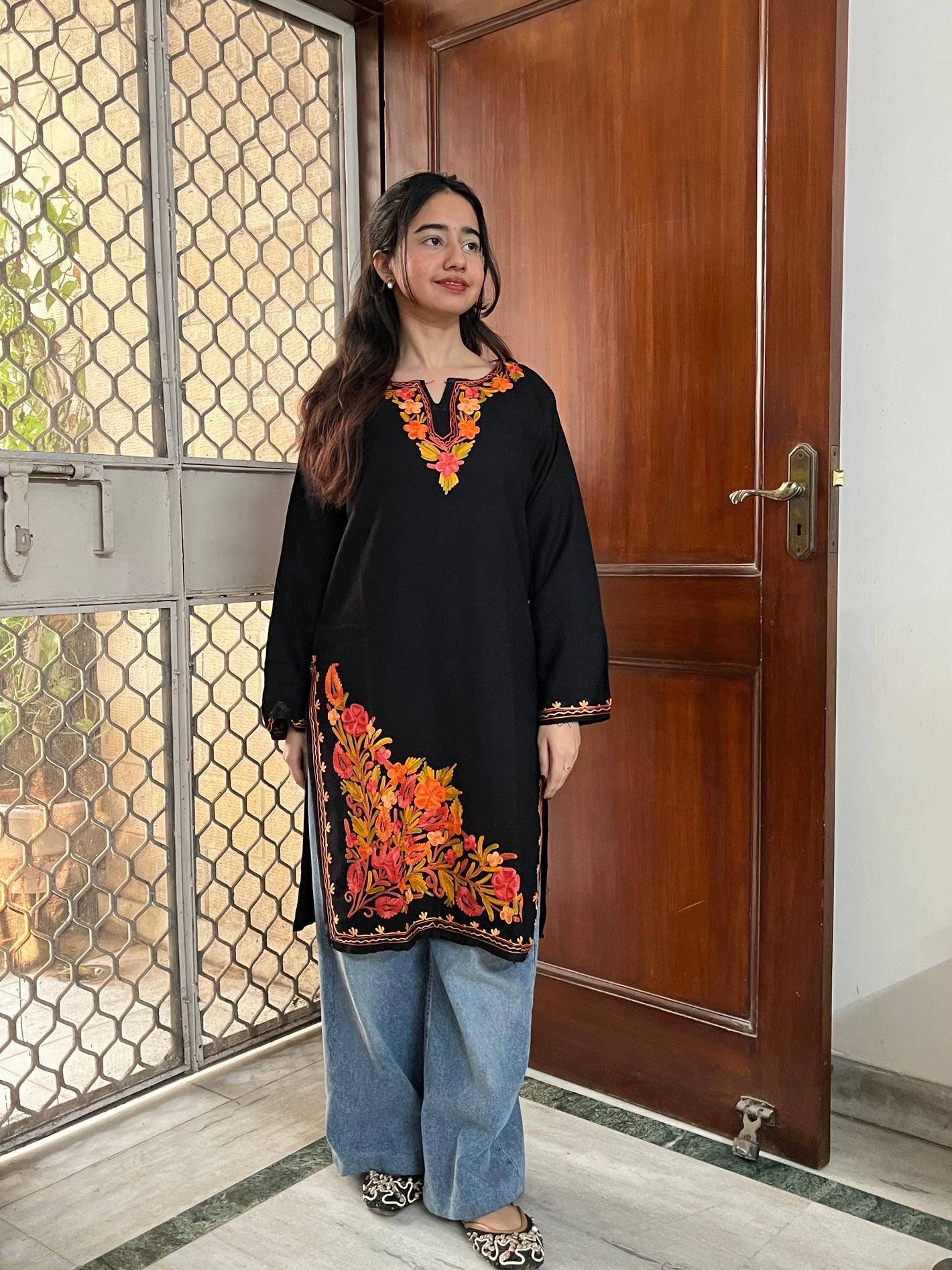Kashmiri woollen long kurta- Black