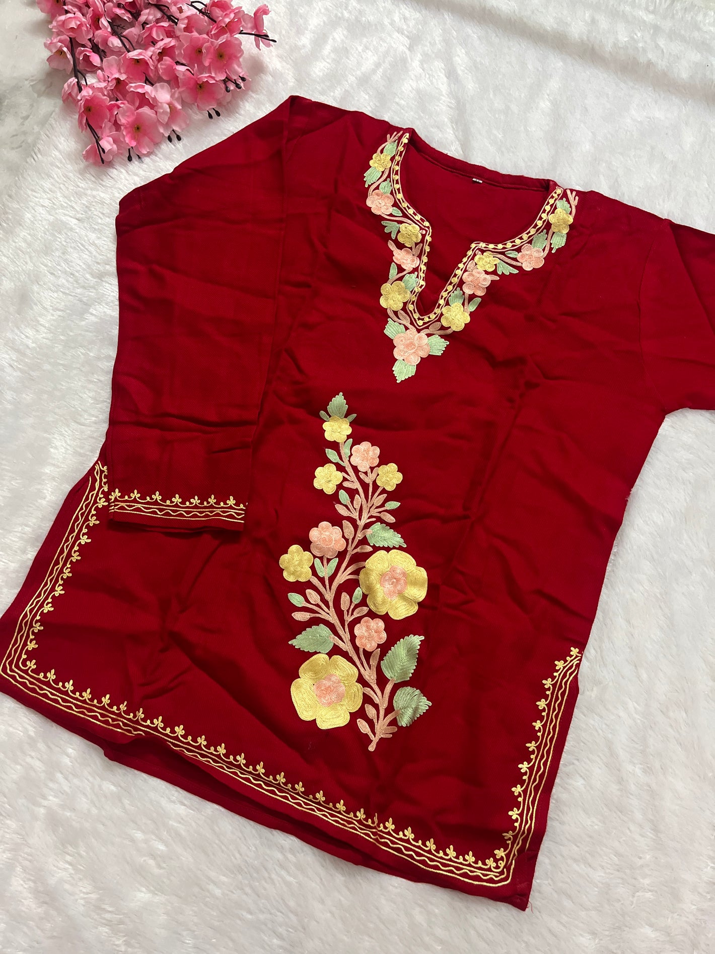 Ziya Kashmiri Short woollen kurti- Red