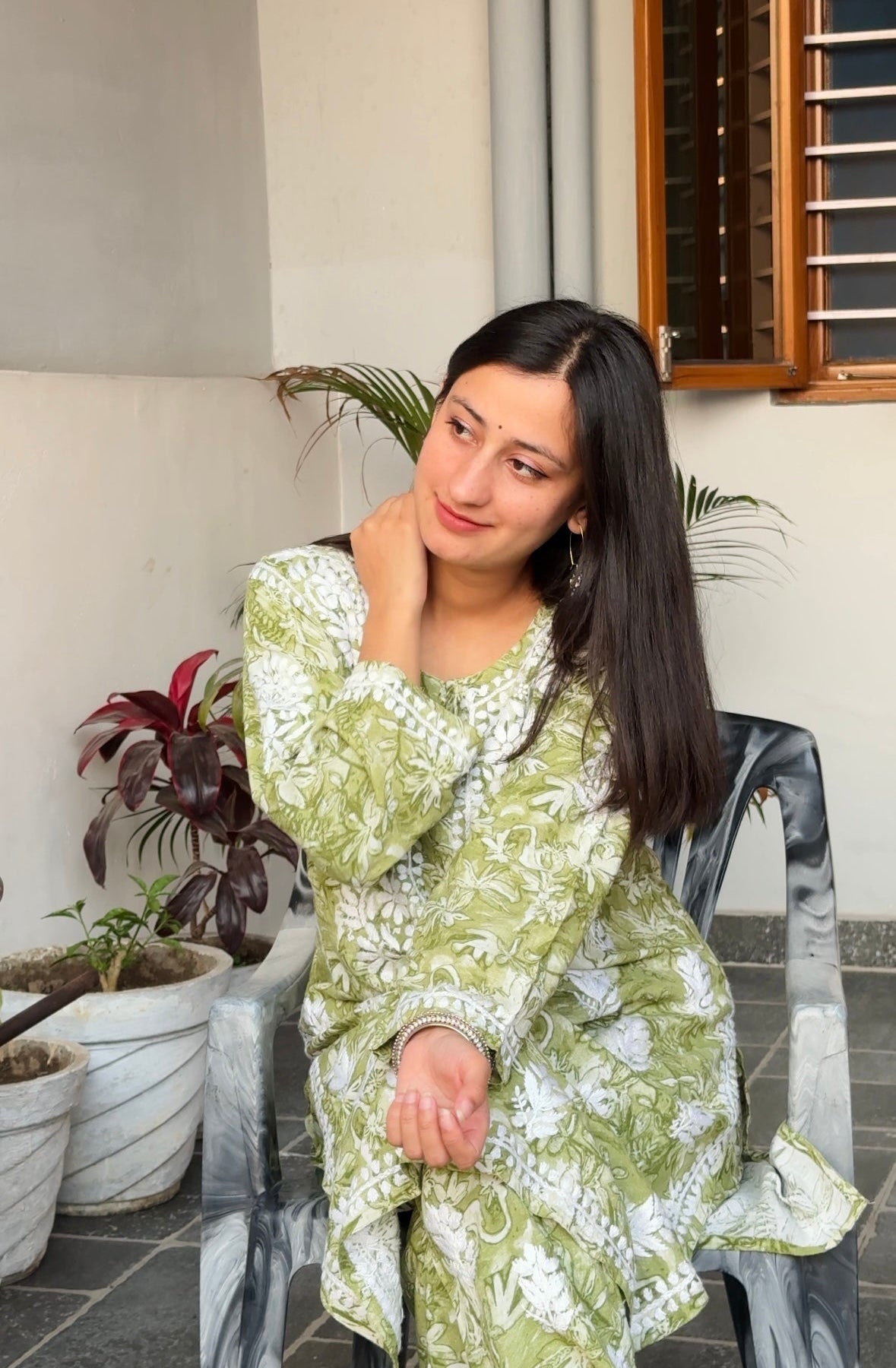 Siya mulmul cotton Chikankari Kurta set- green