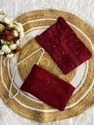Zoya rayon Mukaish kurta set with dupatta - maroon