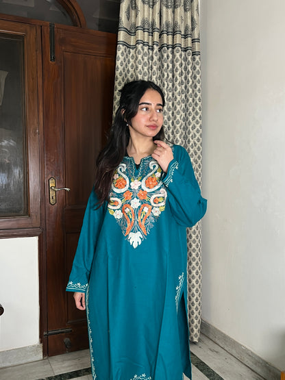 Zoha Kashmiri wool long kurta- blue
