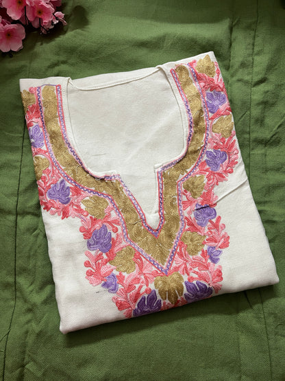 Noor Aari Woollen Pheran- White