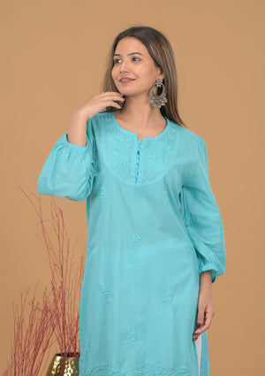 Mulmul Cotton Chikankari Short Kurta- Blue