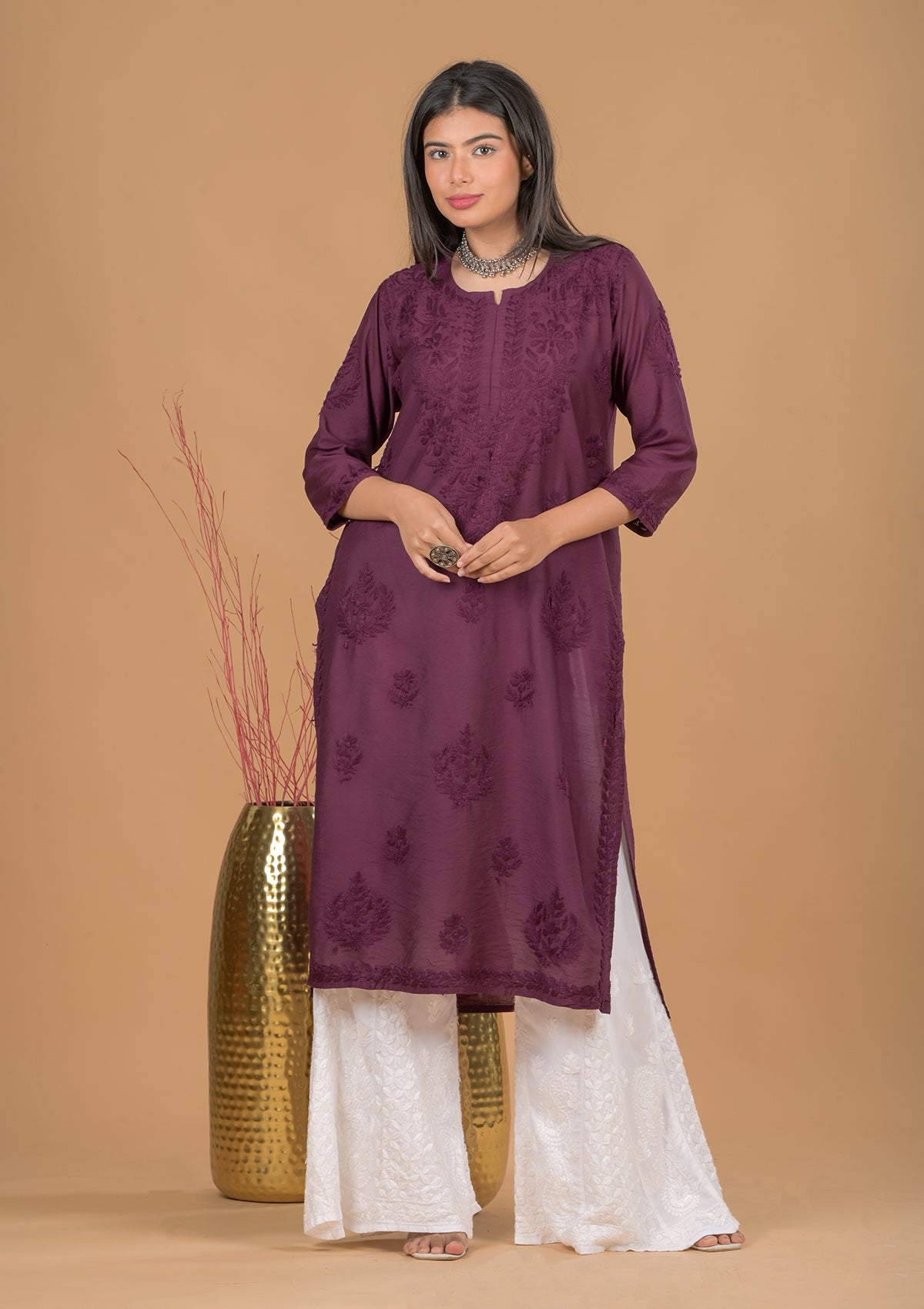 Chanderi Chikankari Long Kurta - Mauve