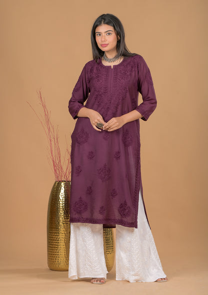 Chanderi Chikankari Long Kurta - Mauve