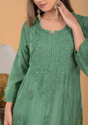 Chanderi Mukaish Chikankari Long Kurta - Green