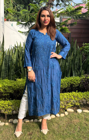 Uzma Mukaish Muslin Chikankari Long Kurta - Blue