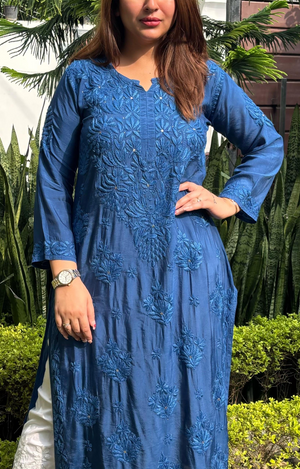 Uzma Mukaish Muslin Chikankari Long Kurta - Blue