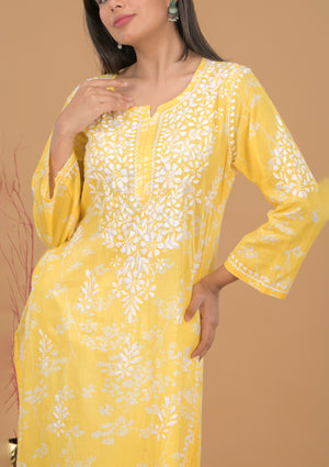 Mulmul Cotton Print Chikankari Kurta- Yellow