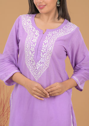 Cotton Chikankari Short Kurta-Purple