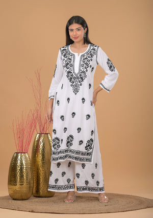 Rayon Chikankari Kurta Palazzo - White/Black