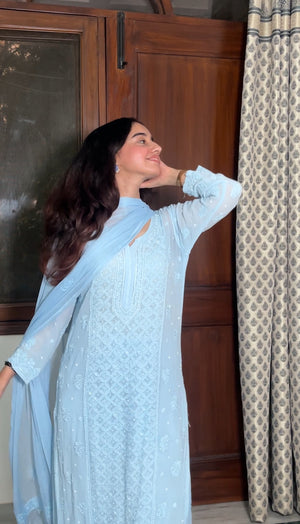 Zoya Viscose Cutdana suit set- Ice blue