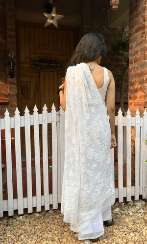 White Chikankari embroidered saree