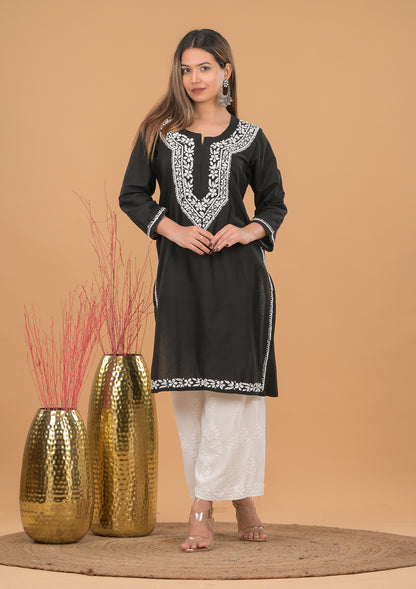 Cotton Chikankari Short Kurta- Black