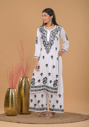 Rayon Chikankari Kurta Palazzo - White/Black