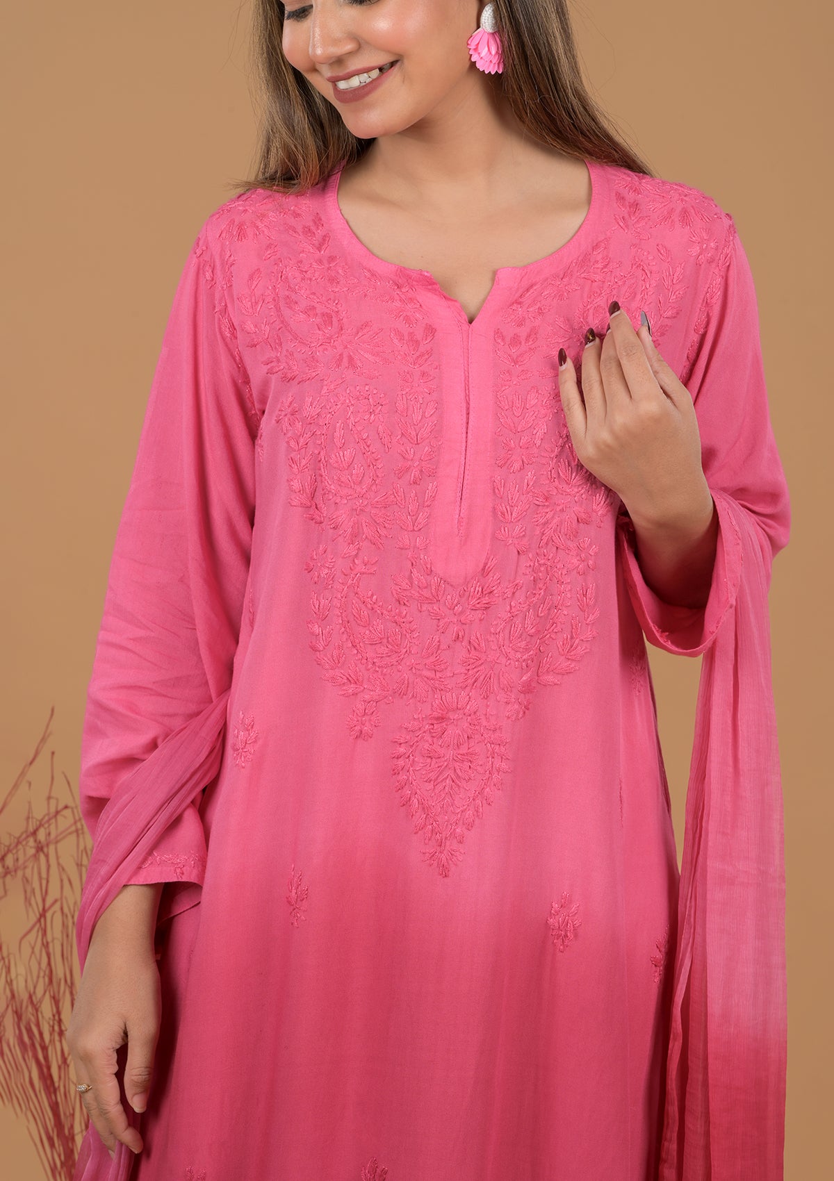Rayon Chikankari Women's 3 PC Long Kurta Set - Pink