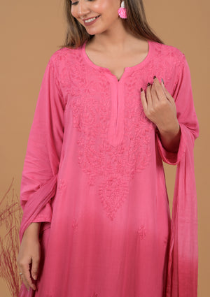 Rayon Chikankari Women's 3 PC Long Kurta Set - Pink
