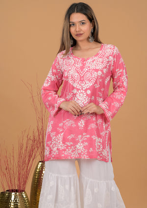 Mulmul Cotton Print Short Kurta- Pink