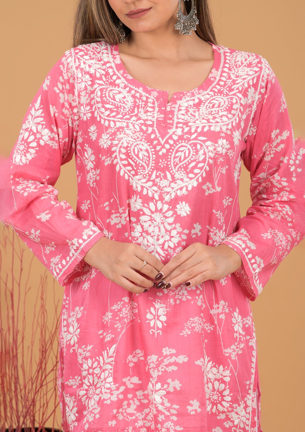 Mulmul Cotton Print Short Kurta- Pink