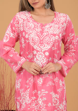 Mulmul Cotton Print Short Kurta- Pink