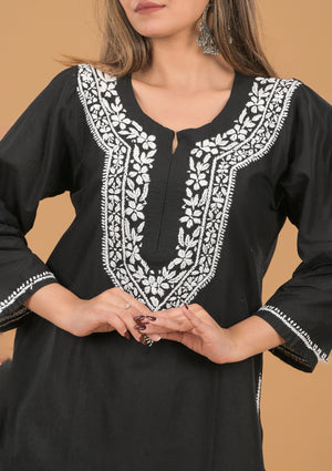 Cotton Chikankari Short Kurta- Black