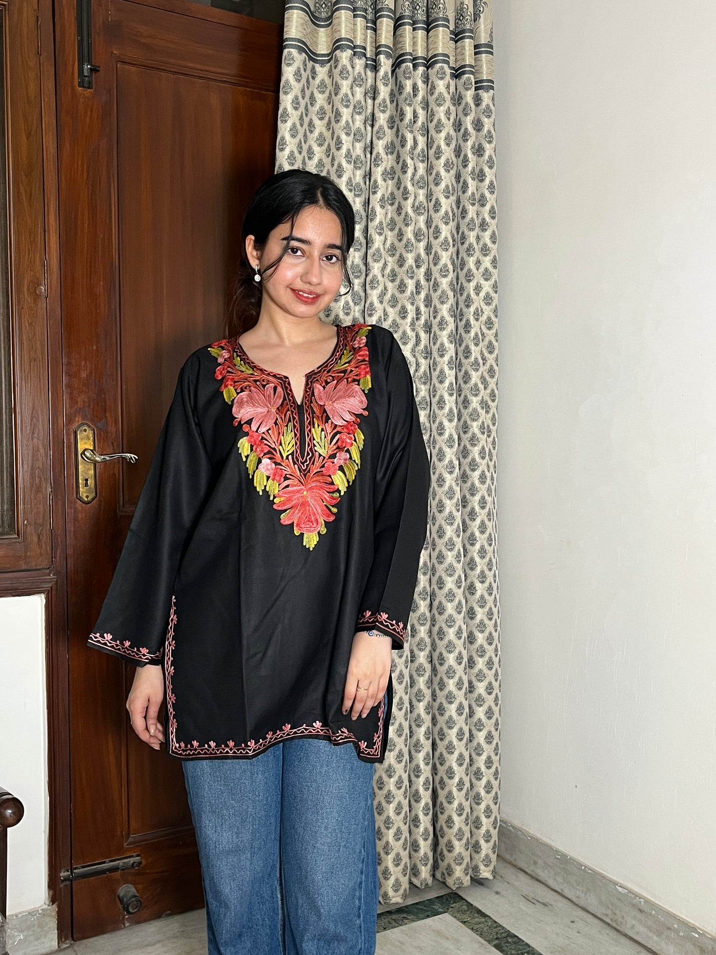 Sejal Kashmiri Short Cotton kurti- Black