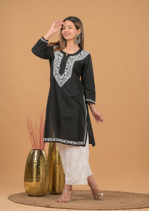 Cotton Chikankari Short Kurta- Black