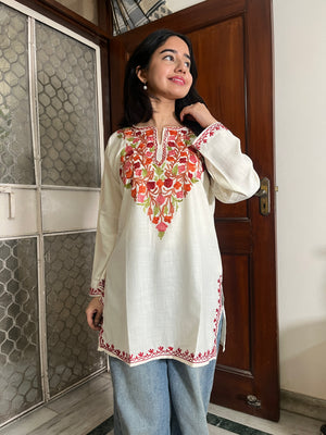Trisha Kashmiri Short Cotton kurti- White