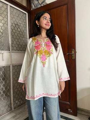 Trisha Kashmiri Short Cotton kurti- White