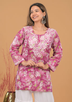 Mulmul Cotton Print Short Kurta- Dark Pink