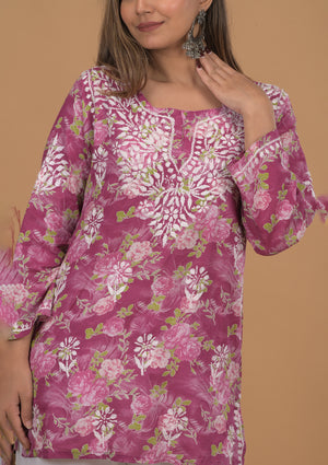Mulmul Cotton Print Short Kurta- Dark Pink