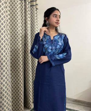Kashmiri cotton Aari Kurta Set- Blue