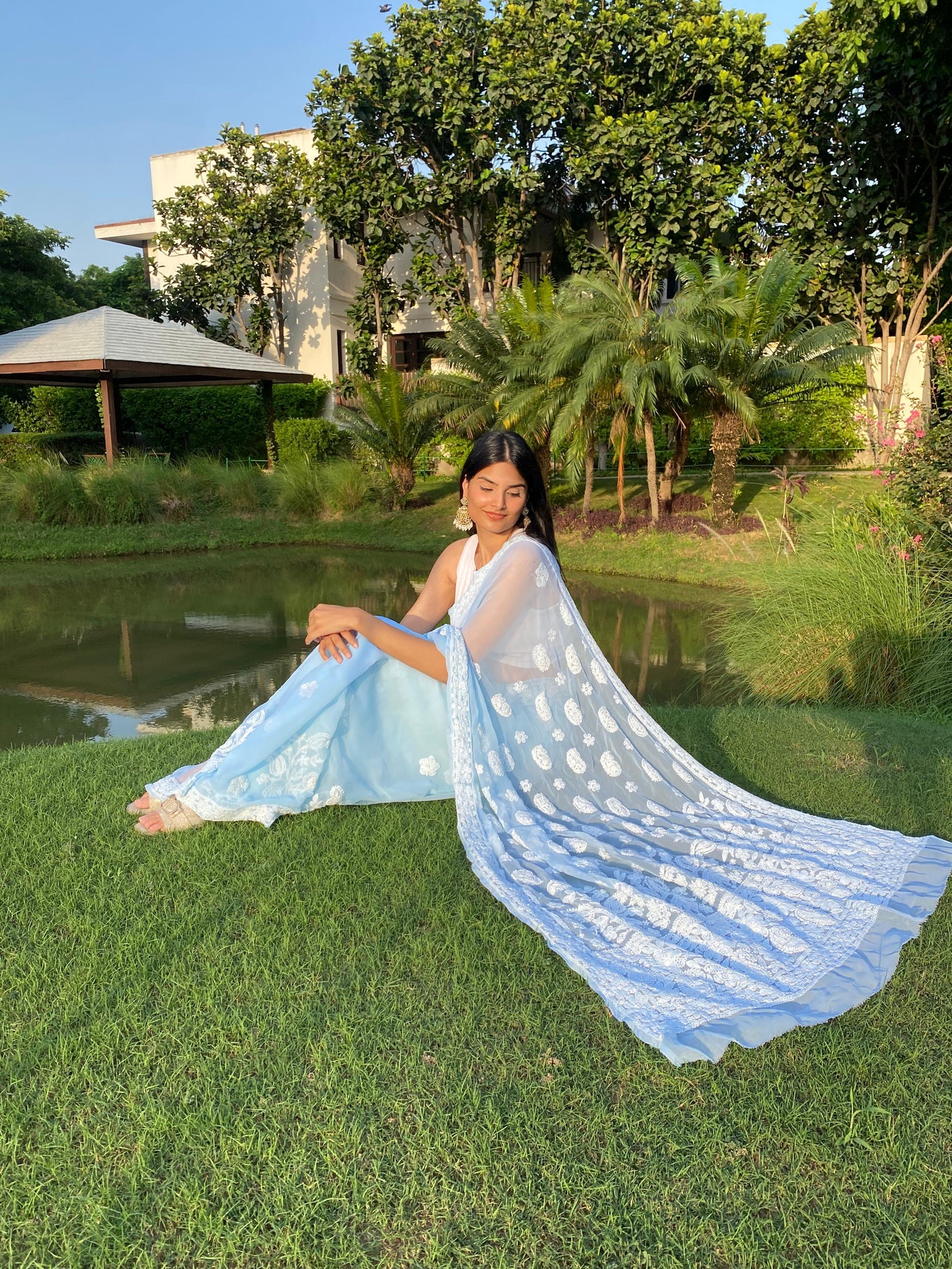 Blue Chikankari embroidered saree
