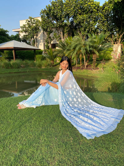 Blue Chikankari embroidered saree