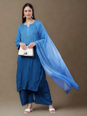 Zarin Ombré Rayon Chikankari Suit set- Blue