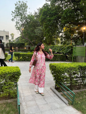 Zoya Kota cotton print Chikankari Kurta- Pink