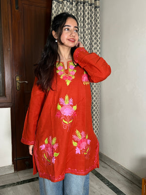 Kusum Kashmiri Short woollen Pheran - Rust Orange