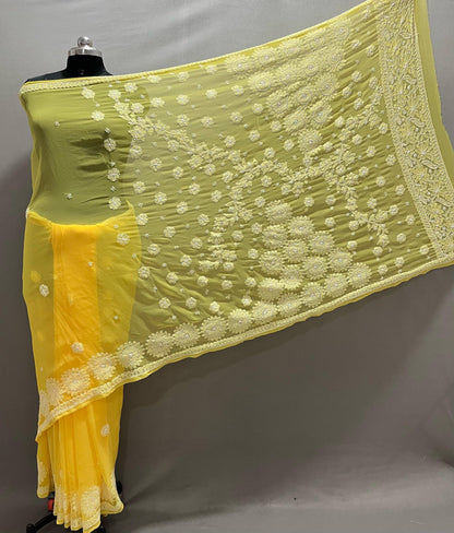 Yellow Chikankari embroidered saree