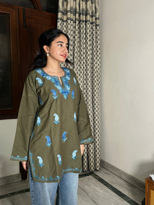 Kusum Kashmiri Short woollen Pheran - Olive Green